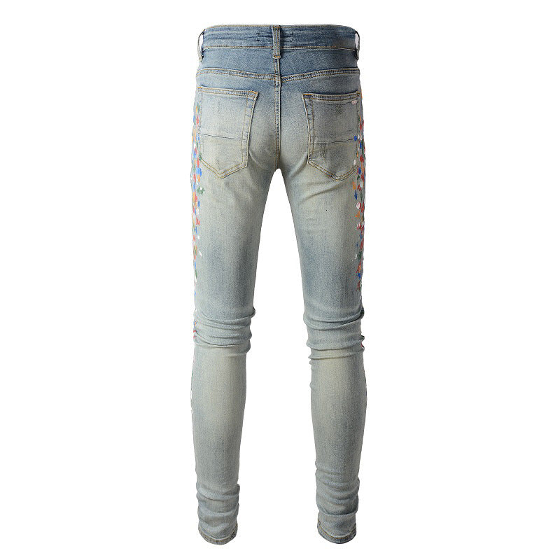 Street Denim Casual Trousers Micro-elastic Cotton Youth Blue Paint-splashed Skinny Jeans #868