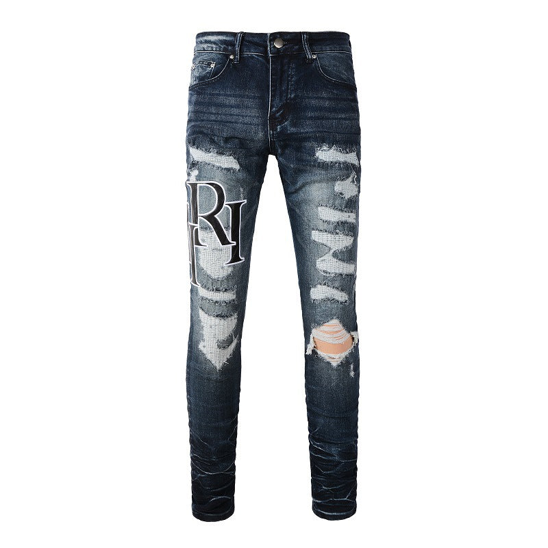 European and American Street Tide Fashion Letter Embroidery Ripped Patch Tide Slim-fit Small Foot Jeans