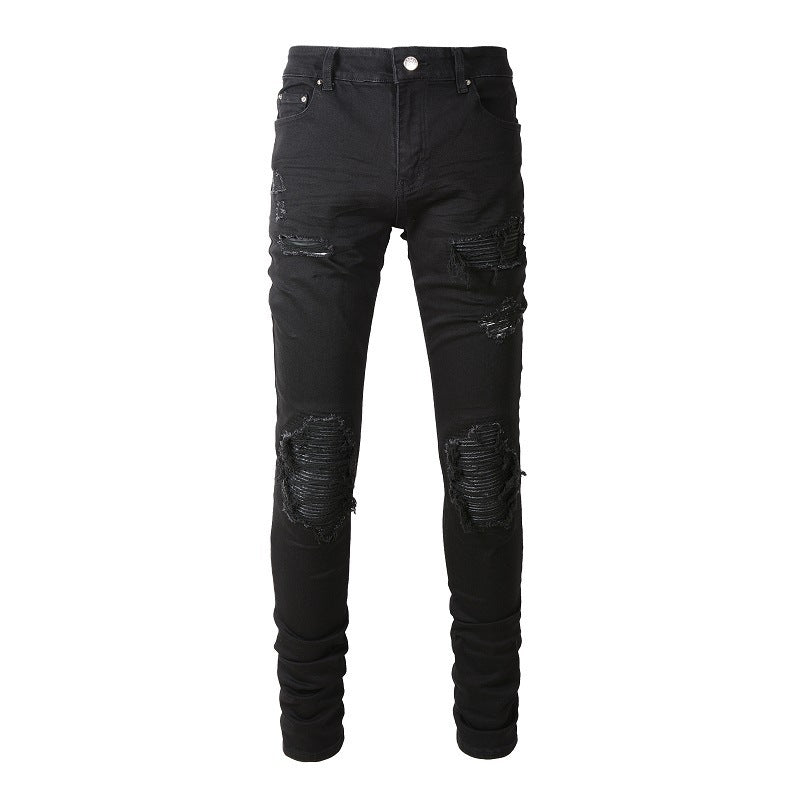 Men's Slim Fit Black Jeans with Wrinkled Details, Patches, and Ripped Design