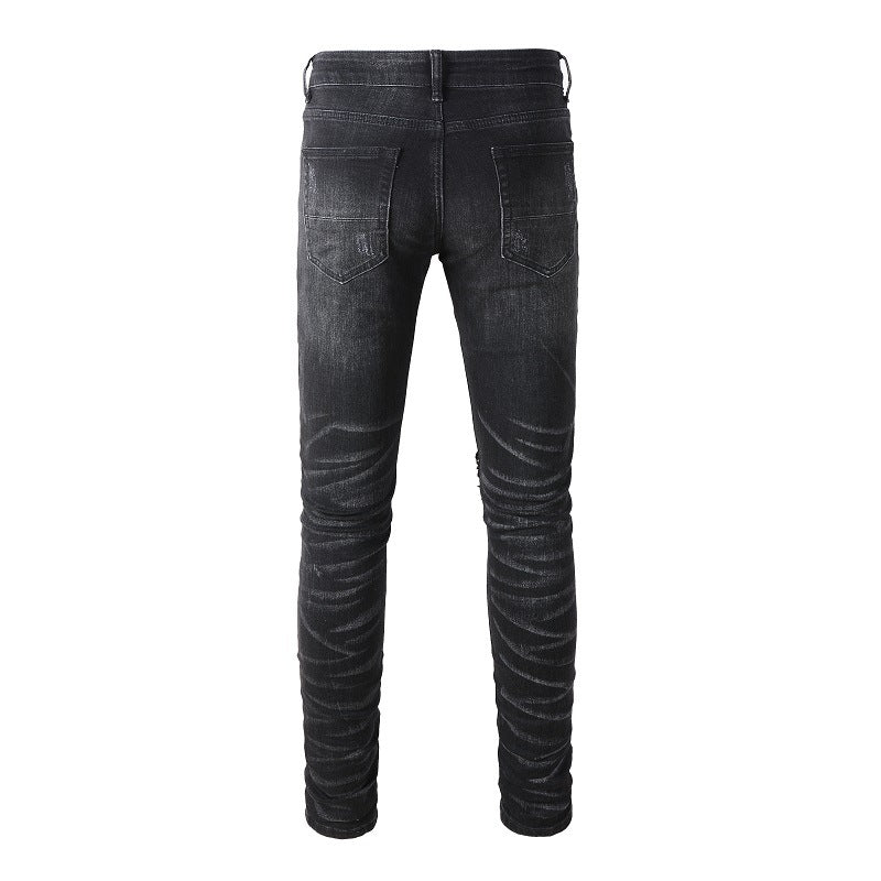 High Street Jeans Trendy Men's Ripped Colorful Patch Beggar Knee Jeans #1334