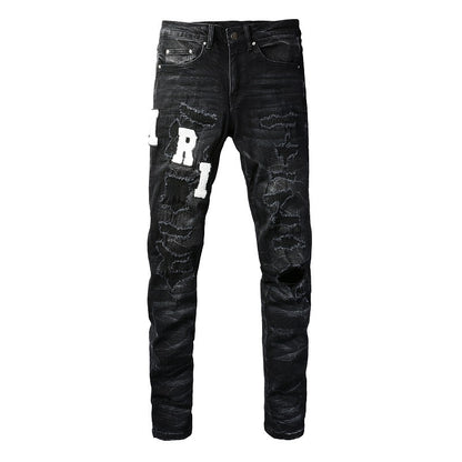 Street Jeans Leather Embroidered Letter Ripped Thread Patch Elastic Slim-fit Pants #1313