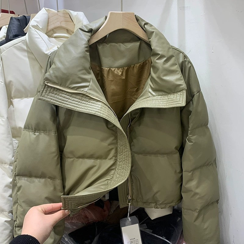 Wash-free PU Leather Down Jacket Women's Short Winter Padded Stand Collar Bread Jacket Kendou Jacket