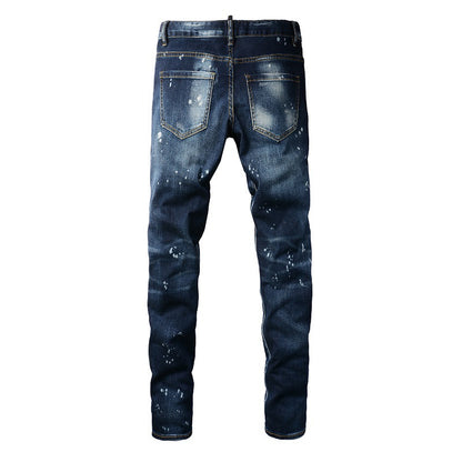 Foreign Trade Trendy Brand Style Class Hole Patch Thin Retro Blue Men's Jeans Korean Version 6905