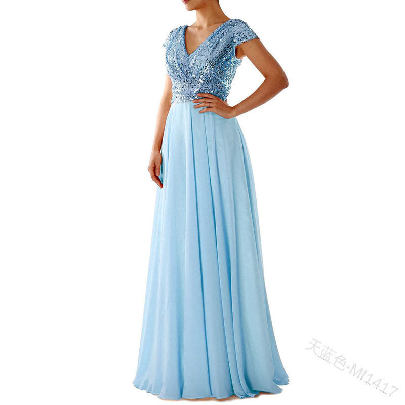 New V-Neck Sequin Chiffon Patchwork Evening Gown Maxi Dress YQ1417