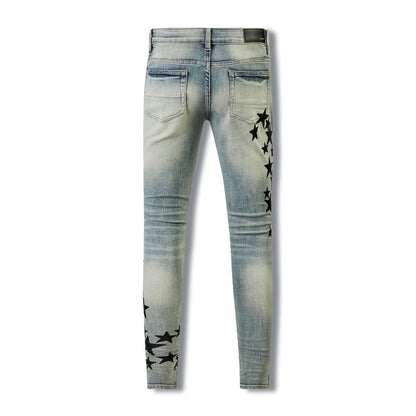 Retro Style Blue Denim with Distressed Wash and Star-Shaped Faux Leather Accents