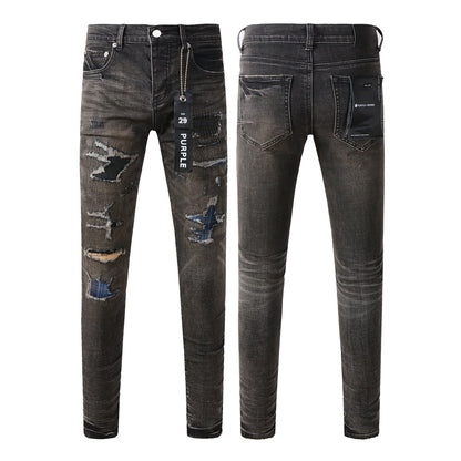 Chic Black Distressed Denim Pants 9080 Combining Rips and Patches for a Modern Style