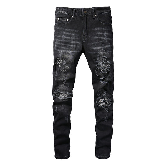 829 European and American Street Tide Ripped Patch Jeans High Street Trendy Men Splicing Slim Pants Jeans