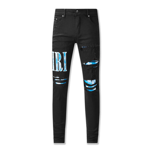 NEW THOM AMIRI Black wear blue letters vintage personality fashion Ripped jeans 8805