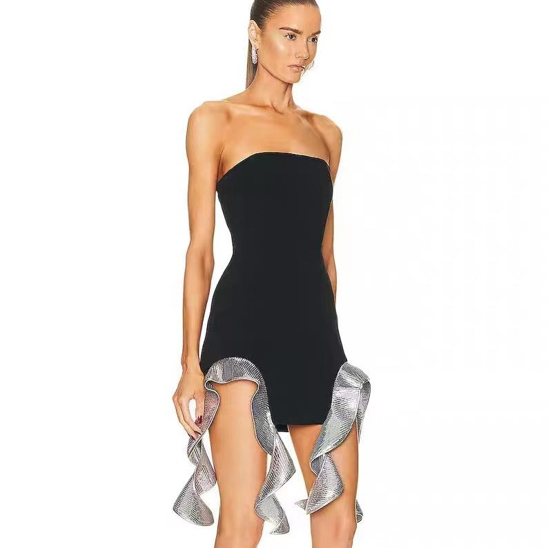 Gothic Bandage Little Black Dress with Asymmetrical Sequin Hem and Slim Fit