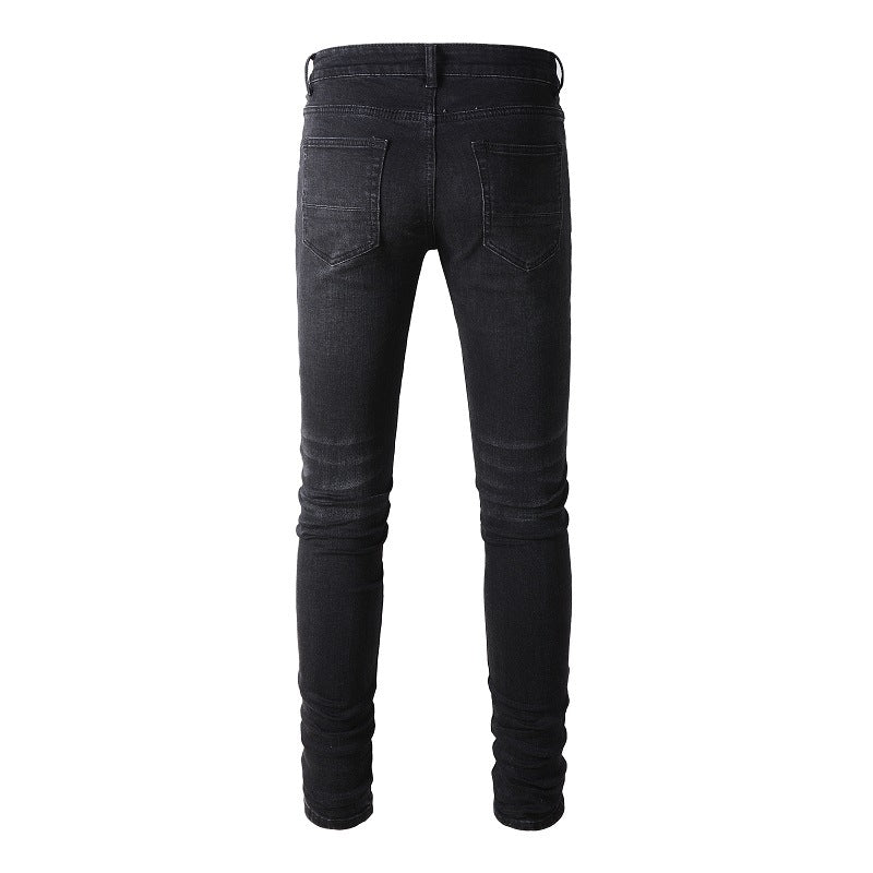 Slim Fit Stretch Black Washed Jeans with Versatile Faux Leather Accents