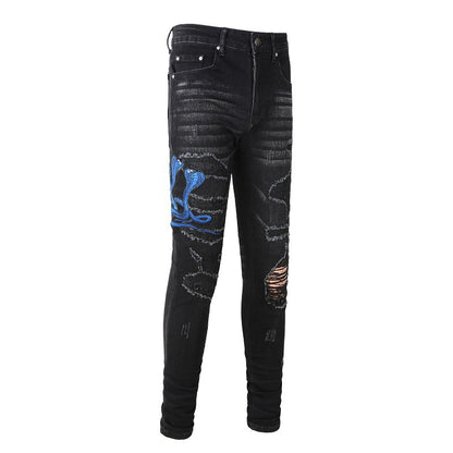 Street Trend Embroidery, A Patch, Small-footed Jeans, Men's Personalized Large-size Casual Pants #1345