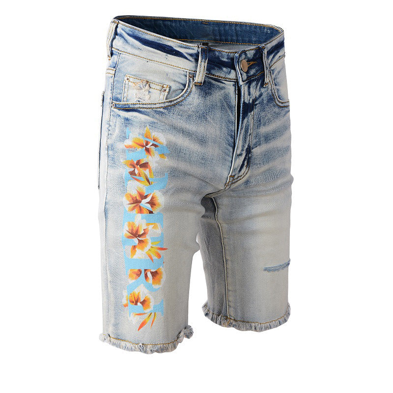 Trendy High Street Light Blue Digital Printing Elastic Slim Trendy Men's Short Jeans #847