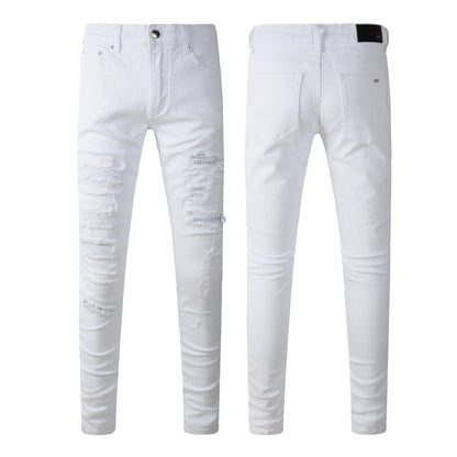 New Pop Style Ripped Holes Patchwork Skinny Mens Pants White Jeans AM897C