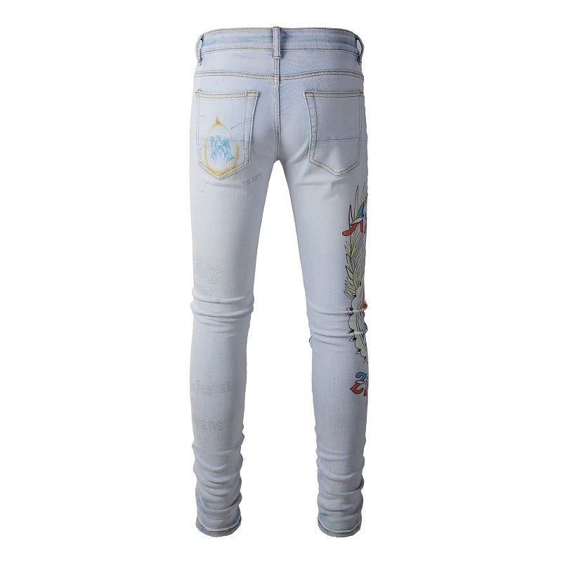 863 European and American Trendy Brand Digital Printing Jeans High-craftsmanship Elastic Slim-fitting Pants