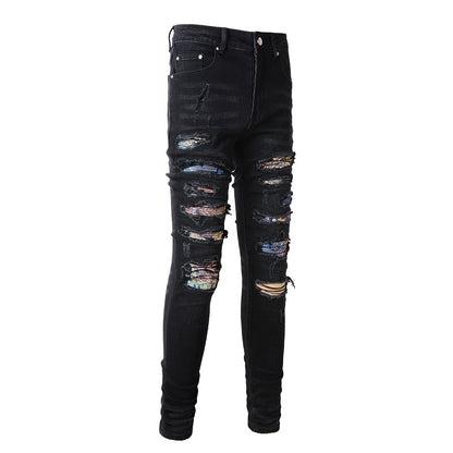 European and American High Street Ripped Patch Jeans Men's Patch Elastic Slim-fitting Pants #875