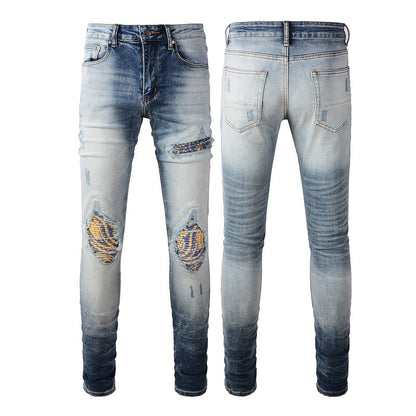 New American Retro Jeans Trendy Men's Ripped Patch Beggar Slim Jeans #1330