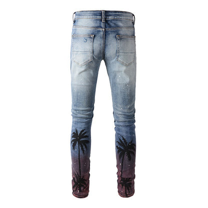 6597 Tide Brand Digital Printing Coconut Tree Pattern Spray Paint Ripped Jeans Elastic and Slim