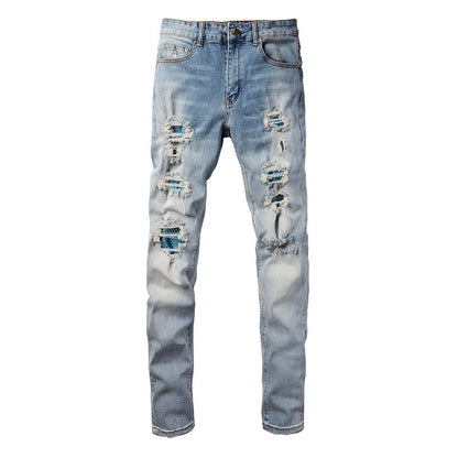 Cross-border Blue Diamond Hot Diamond Jeans Ripped High Street Patch Stretch Slim Jeans