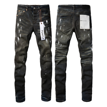 Mens Purple Ripped Jeans - Stylish Slim Fit Black Paint High Street Denim Pants