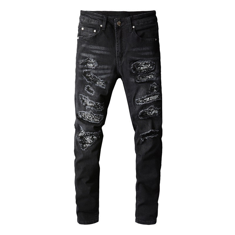 669 European and American High Street Black High Street Jeans Men's Hand-worn Multi-patch Small Foot Jeans