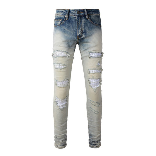 Street Trend Casual Personality Ripped Patch Diamond Slimming Small Foot Jeans #1339