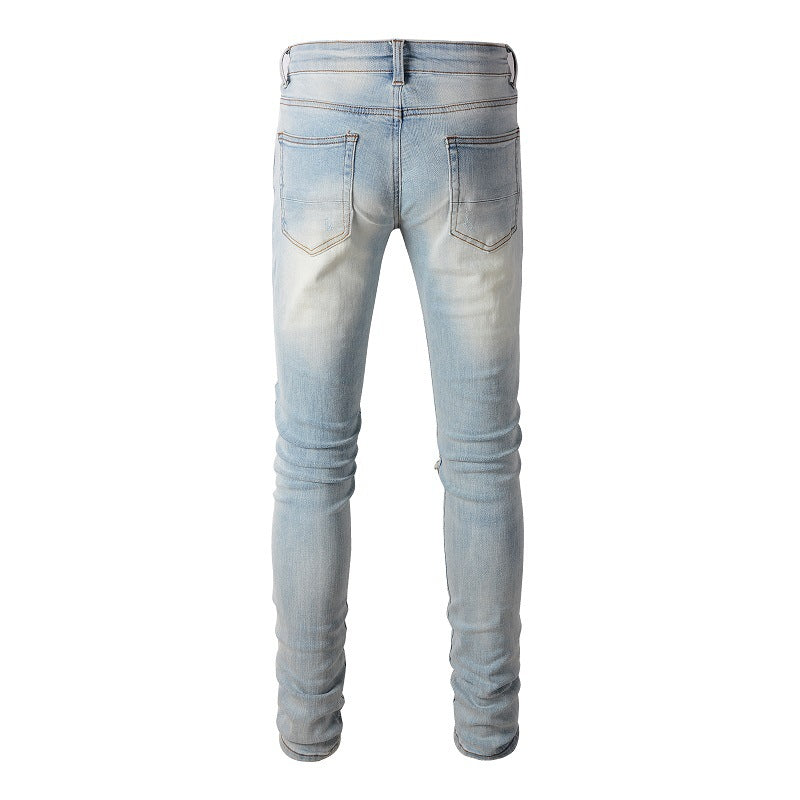 6637 High Street Tide Brand Hole Gradual Change Color Patch Jeans Retro Men Elastic Slim High Street Jeans