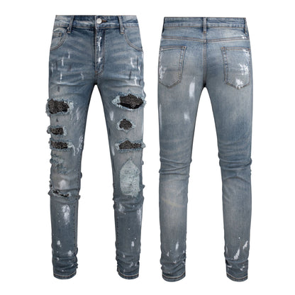 Men's Slim Fit Black Jeans with Paint Design and Patchwork Distressed Look