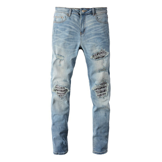 6665 High Street Trendy Brand Ripped Patch Jeans Retro Men's Elastic Slim High Street Jeans