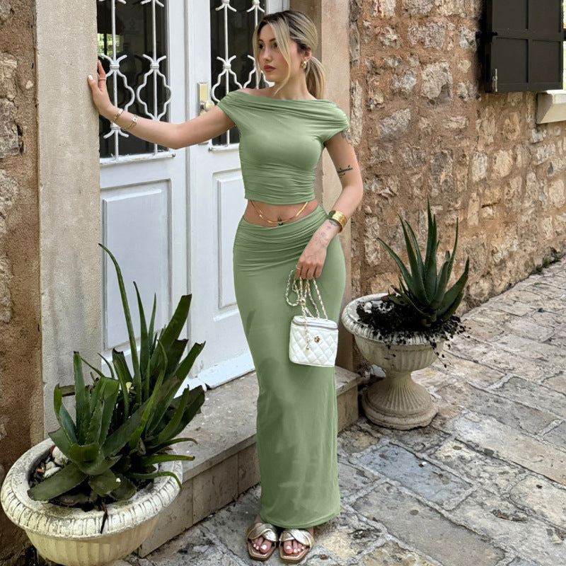 New Fashionable Solid Color Fitted Crop Top Off-Shoulder Skirt Set for Women S1993600