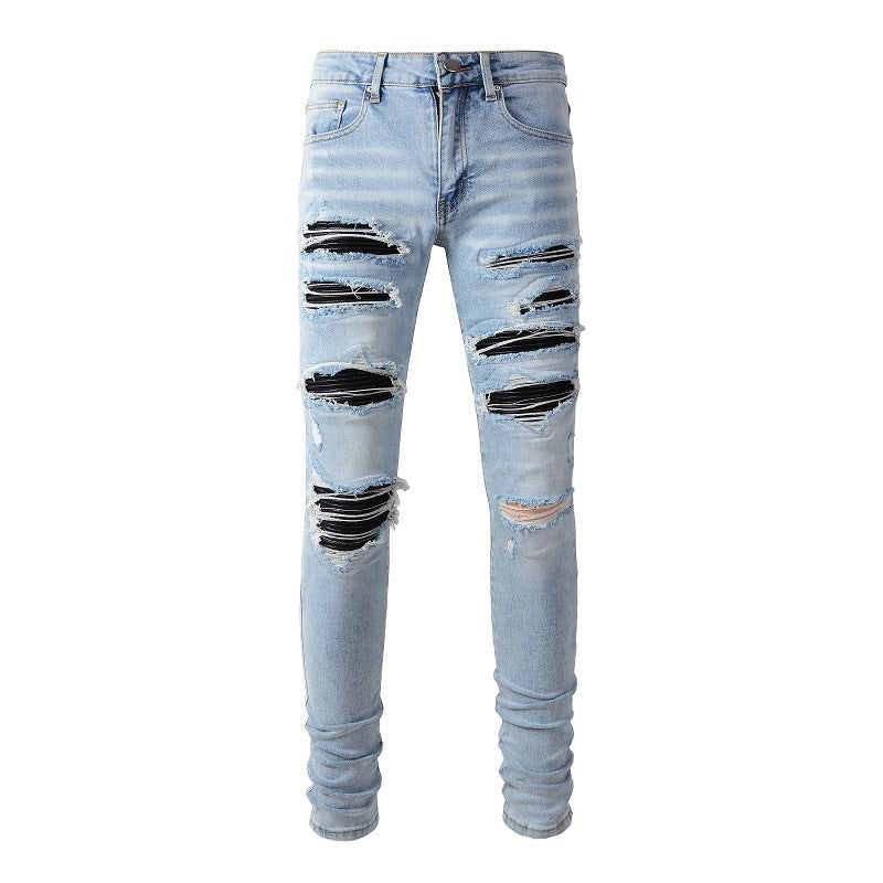 1307 European and American High Street Jeans Sticker Hand-worn Ripped Jeans Slim-fitting and Thin Small Feet Jeans