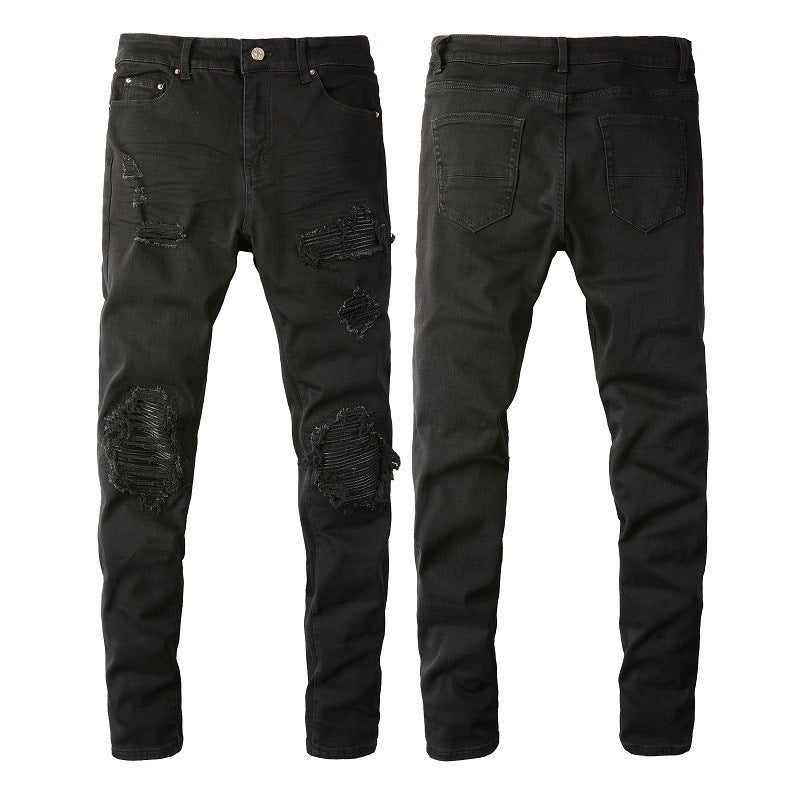 Men's Slim Fit Black Jeans with Large Knee Rips and Patchwork Design