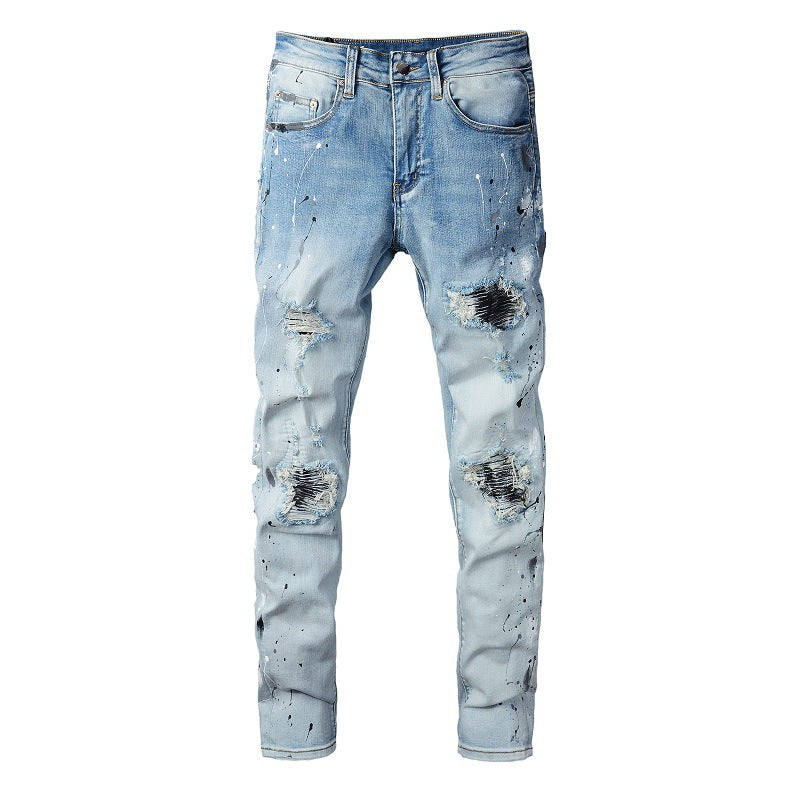 820 Fashion Denim Micro-elastic Cotton Youth Light Blue Paint Ripped Patch Jeans