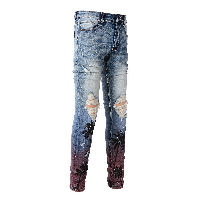 6597 Tide Brand Digital Printing Coconut Tree Pattern Spray Paint Ripped Jeans Elastic and Slim