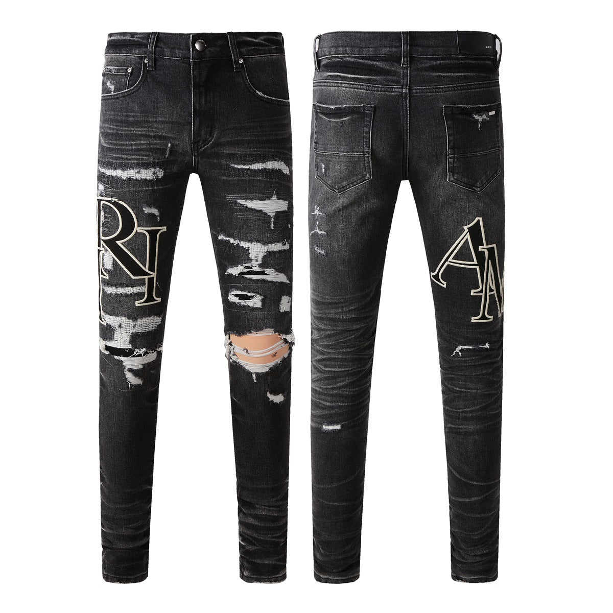 Stylish Black Distressed Jeans with Washed Effect and Unique Lettered Patchwork and Rips 8836