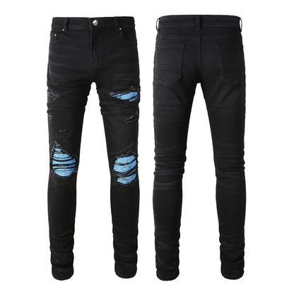 Men's Slim Fit Blue Jeans with Patchwork and Wrinkle Design for Street Style