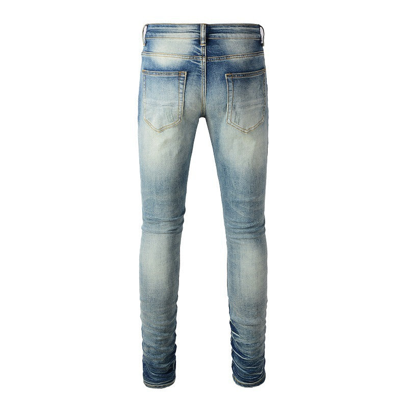 Men's Fashion Blue Jeans with White Patches and Ripped Stretch Design