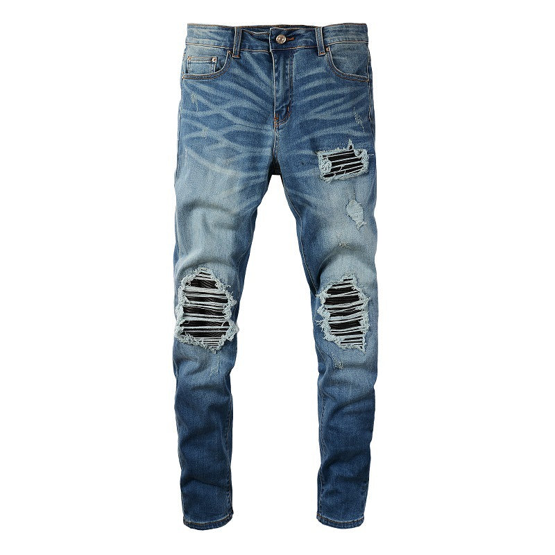 6520 Cross-border Jeans Trendy Brand Retro Pleated Ripped Patch Men's Slim Jeans