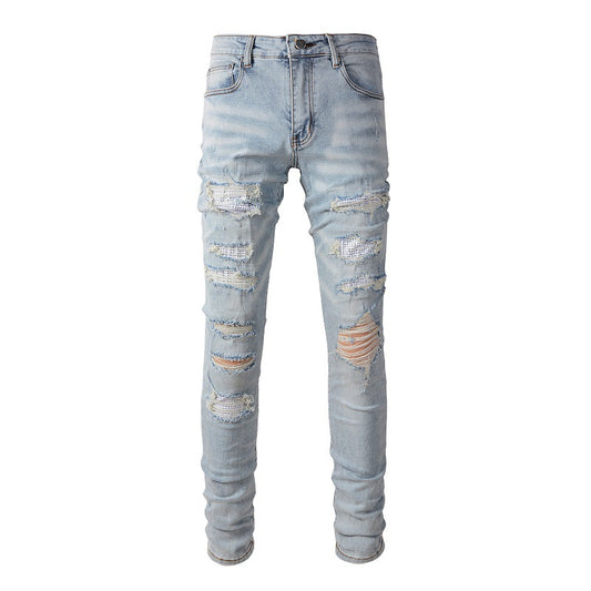 Cross-border Jeans Trendy Brand Retro Jeans Diamond-encrusted Men's Jeans Elastic and Slim #6808