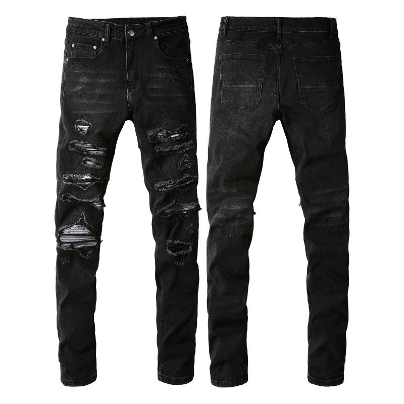 Slim Fit Stretch Black Washed Jeans with Versatile Faux Leather Accents