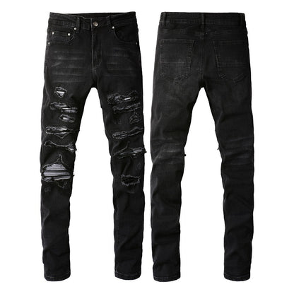 Slim Fit Stretch Black Washed Jeans with Versatile Faux Leather Accents