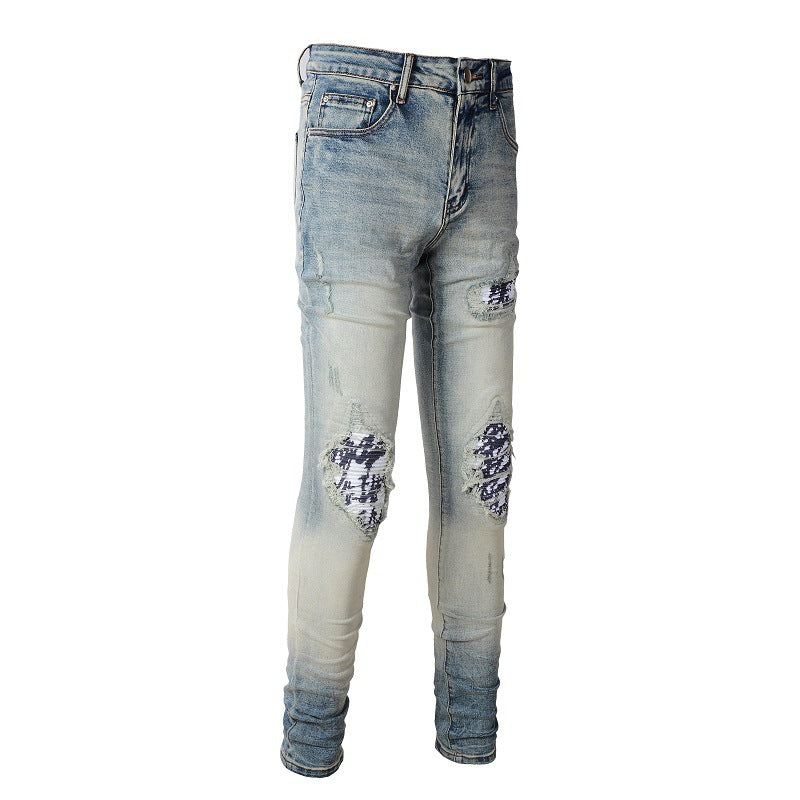 High Street Jeans Trendy Men's Ripped Black and White Patch Beggar Slim Jeans #1336