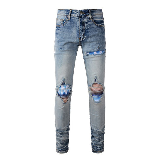 Personalized Printing Ripped Patch Jeans for Men, A Large-size Jeans for Foreign Trade