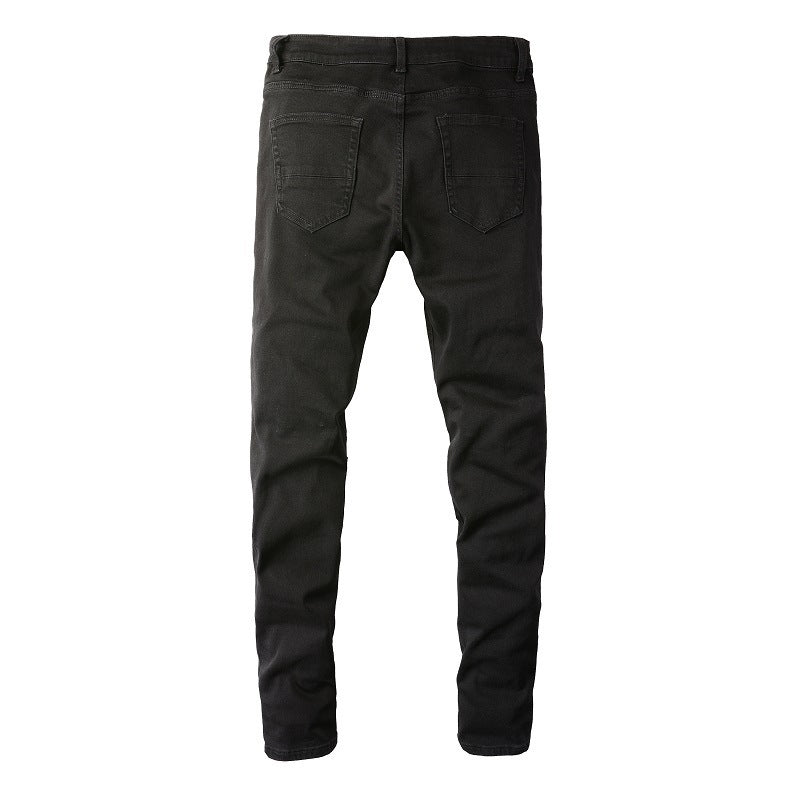 Men's Slim Fit Black Jeans with Wrinkled Details, Patches, and Ripped Design