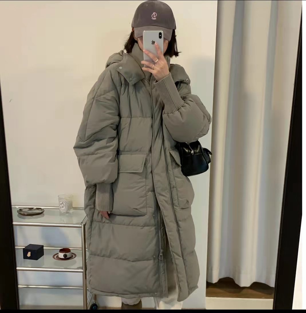 White Duck Down Jacket Hooded for Women's Outerwear, Knee Length Loose and Thickened Outerwear