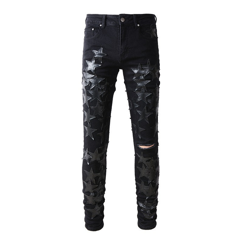 691 High Street Trend Brand Black Pentagram Jeans Young Men's Elastic Slim Small Foot Jeans