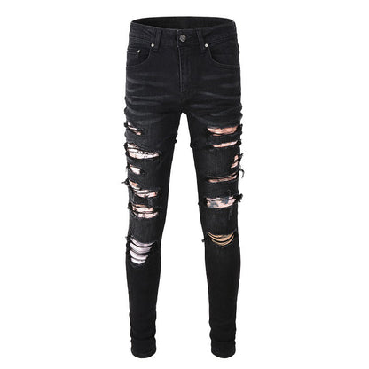 High Street Trendy Jeans Men's New Ripped Patch Jeans Slim-Fit Pants #841