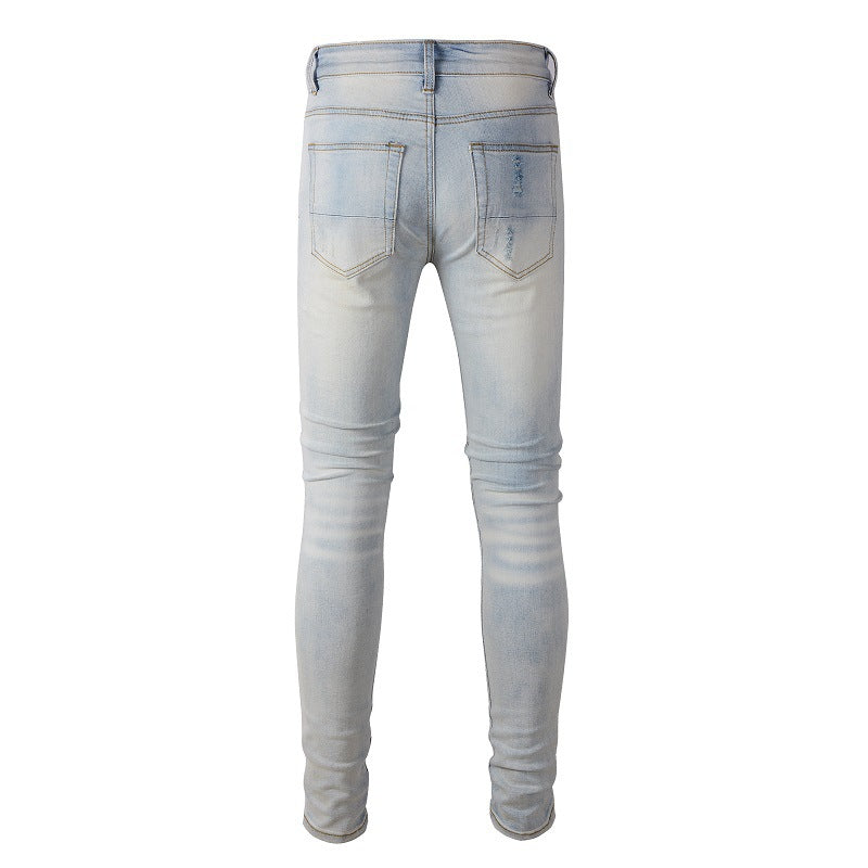 645 Trendy Brand Ripped Blue Patch Jeans Elastic Slim Slim High Street Jeans