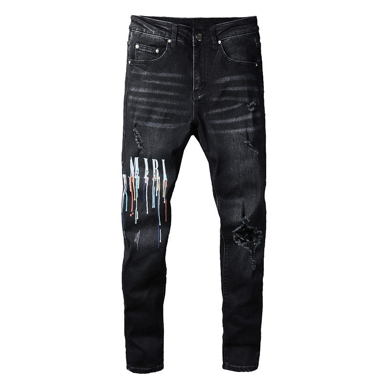 Jeans 830 Fashion Street Spray Paint Colorful Alphabet Black Jeans