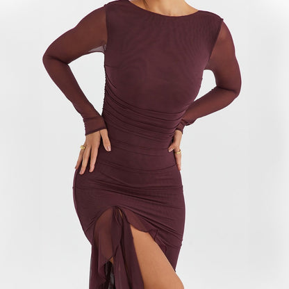 New Fashionable Sheer Mesh Patchwork Long-Sleeve Fitted Side-Slit Ruffled Edge Dress D1992860