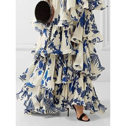 New Summer Bohemian Vacation Style Tie-Strap Lolita Flared Skirt Printed Dress in European and American Style